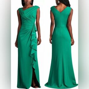 NEW TADASHI SHOJI  Sperry Cascading Ruffle Green Gown Sz L